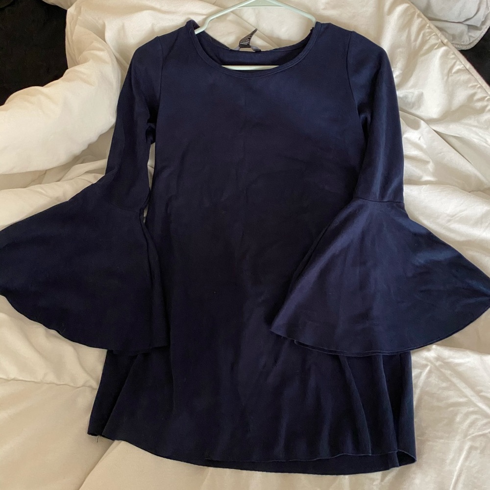 Blue suede bell-sleeve tunic